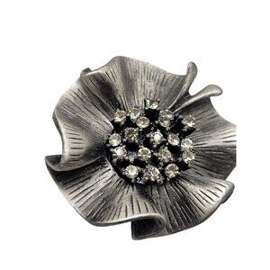 Vintage Silver Flower Brooch Pendant Rhinestone Accents Textured Petals